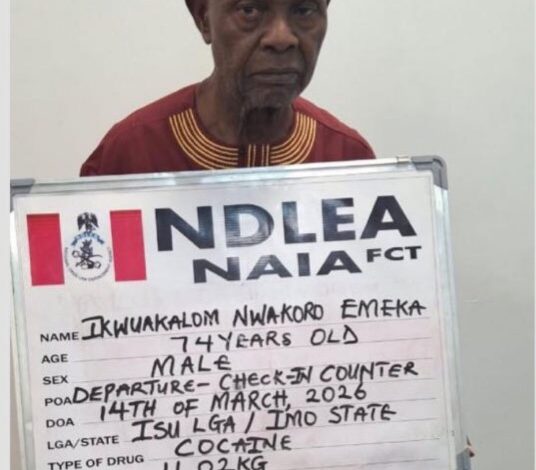 NDLEA arrests grandpa with 11kg cocaine in Abuja airport, seizes bottles of codeine in Lagos